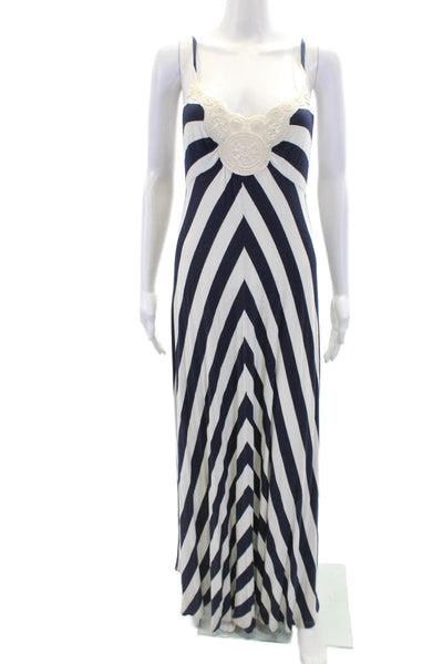Ella Moss Lace Trim V Neck Striped Maxi Sundress Blue Size M