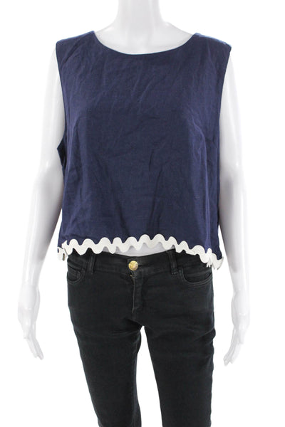 STS Sail To Sable Womens Linen Scallop Hem Sleeveless Zip Back Top Navy Size XL