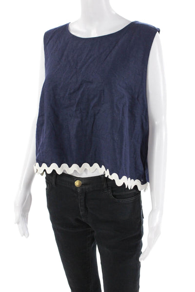 STS Sail To Sable Womens Linen Scallop Hem Sleeveless Zip Back Top Navy Size XL