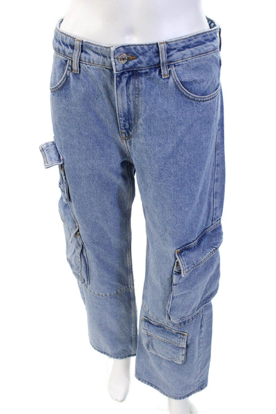 Bershka Womens High Rise Wide Leg Cargo Jeans Blue Cotton Size 2