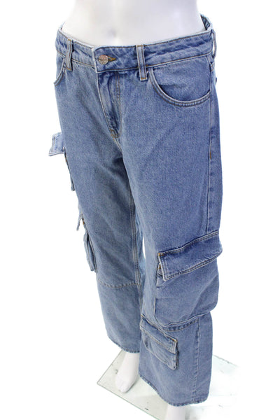 Bershka Womens High Rise Wide Leg Cargo Jeans Blue Cotton Size 2