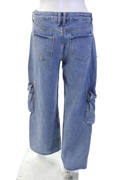 Bershka Womens High Rise Wide Leg Cargo Jeans Blue Cotton Size 2