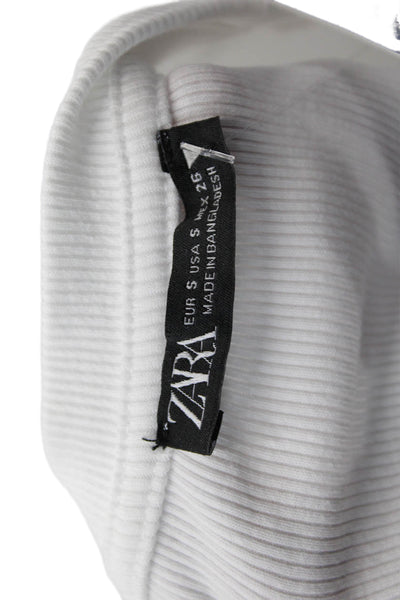 Zara Womens Short Sleeve Crew Neck Ribbed Cropped Tee Shirt White Size Small