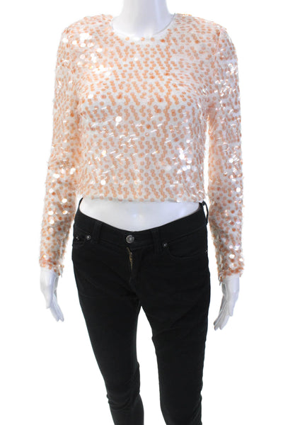 Toccin Womens Sequined Round Neck Long Sleeve Crop Top White Peach Size 4