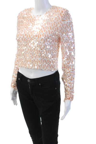 Toccin Womens Sequined Round Neck Long Sleeve Crop Top White Peach Size 4