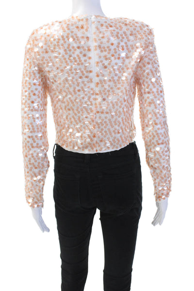 Toccin Womens Sequined Round Neck Long Sleeve Crop Top White Peach Size 4
