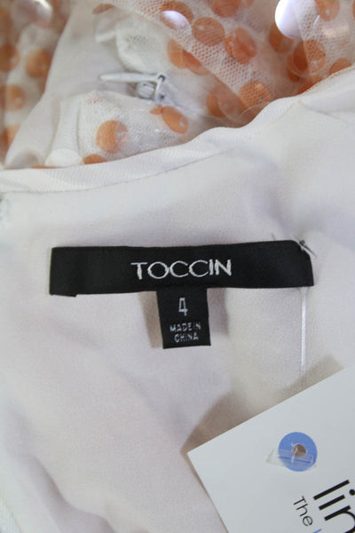 Toccin Womens Sequined Round Neck Long Sleeve Crop Top White Peach Size 4