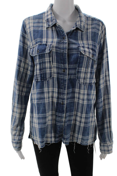 BLANKNYC Womens Cotton Plaid Button Up Blouse Top Blue Size M