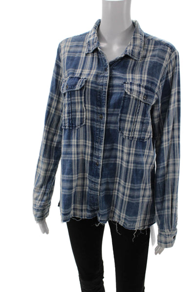 BLANKNYC Womens Cotton Plaid Button Up Blouse Top Blue Size M