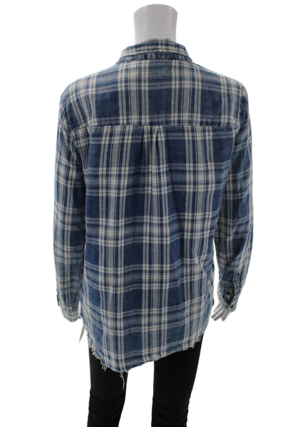BLANKNYC Womens Cotton Plaid Button Up Blouse Top Blue Size M
