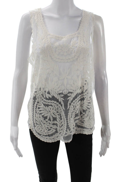 Pol Womens Textured Round Neck Sleeveless Lace Tank Top White Size S
