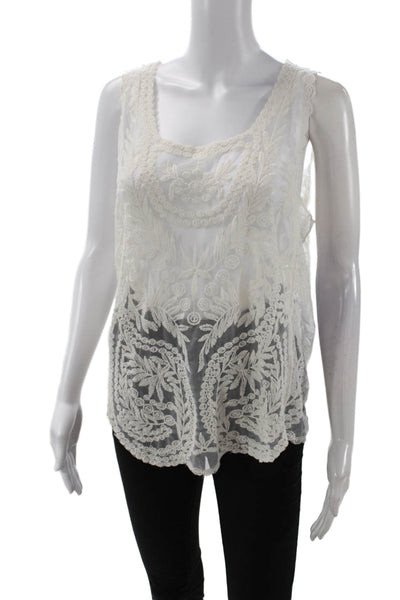 Pol Womens Textured Round Neck Sleeveless Lace Tank Top White Size S