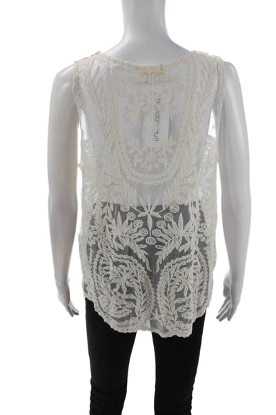 Pol Womens Textured Round Neck Sleeveless Lace Tank Top White Size S
