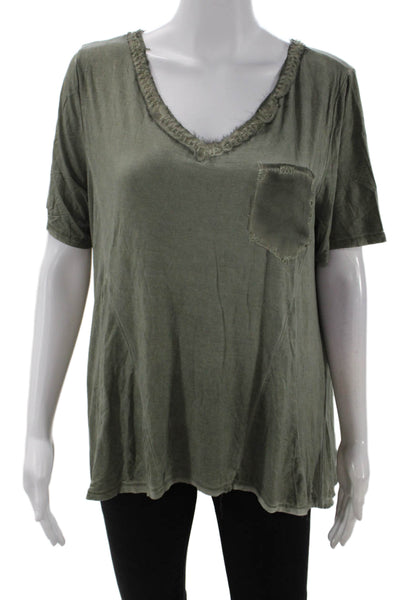 Pol Womens V-neck Short Sleeve Casual Lined Blouse Green Size L