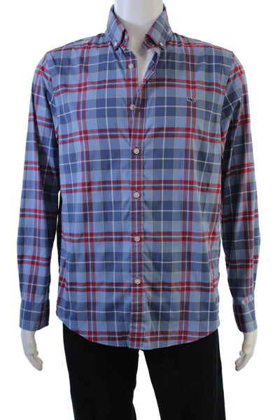 Vineyard Vines Mens Long Sleeve Plaid Print Button Down Shirt Blue Size M