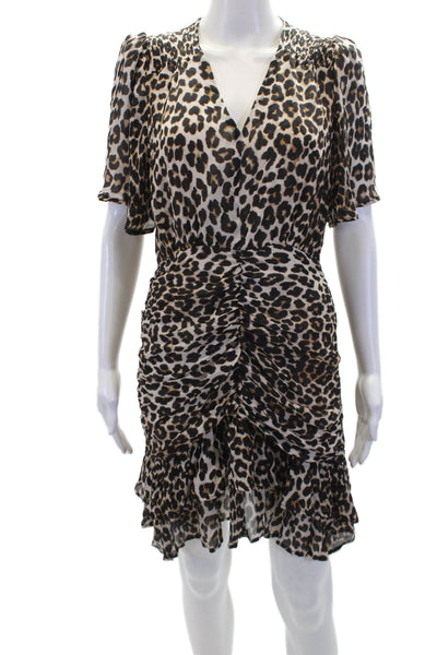 Suncoo Womens Textured Short Sleeve V-neck Animal Print Dress Brown Size S