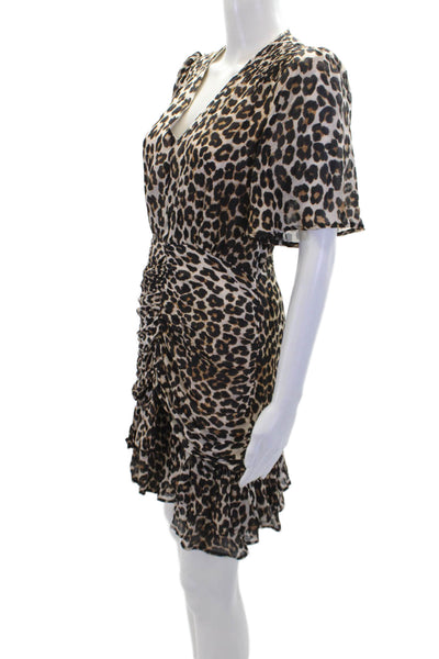 Suncoo Womens Textured Short Sleeve V-neck Animal Print Dress Brown Size S