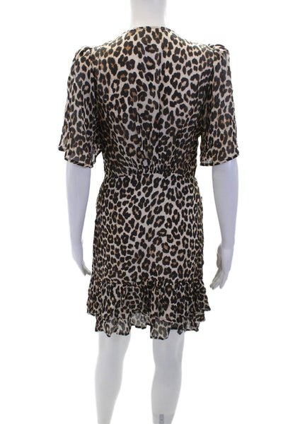 Suncoo Womens Textured Short Sleeve V-neck Animal Print Dress Brown Size S