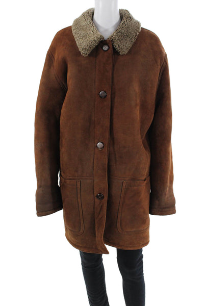 Sharis Place Womens Shearling Button Down Coat Cinnamon Brown Size Small