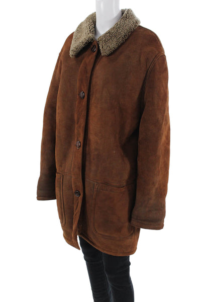 Sharis Place Womens Shearling Button Down Coat Cinnamon Brown Size Small