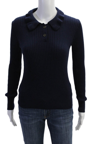 J Crew Womens Merino Wool Ribbed Buttoned Collared Blouse Navy Size XS