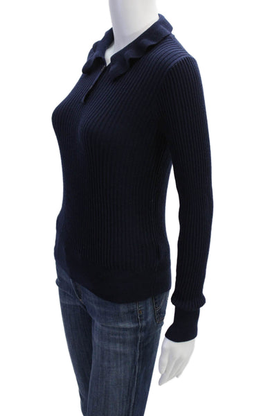 J Crew Womens Merino Wool Ribbed Buttoned Collared Blouse Navy Size XS