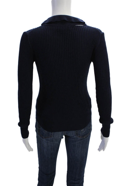 J Crew Womens Merino Wool Ribbed Buttoned Collared Blouse Navy Size XS