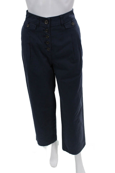 J Crew Womens Cotton Pleated Detail Buttoned Wide Legged Pants Blue Size 4