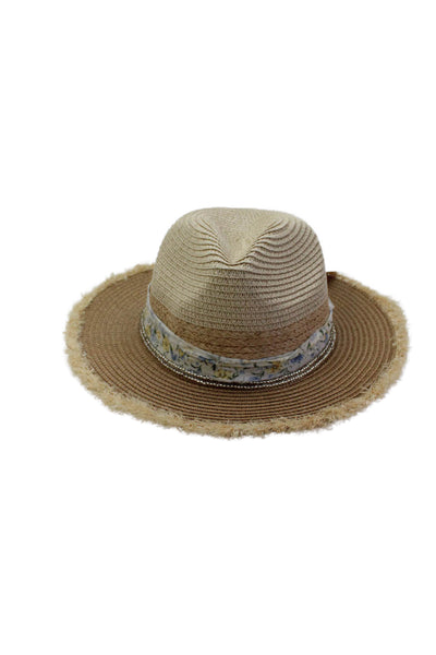 Sweet + Sunday Womens Frayed Edge Beaded Trim Sunhat Beige Multi OS