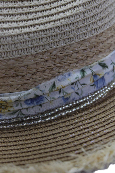 Sweet + Sunday Womens Frayed Edge Beaded Trim Sunhat Beige Multi OS