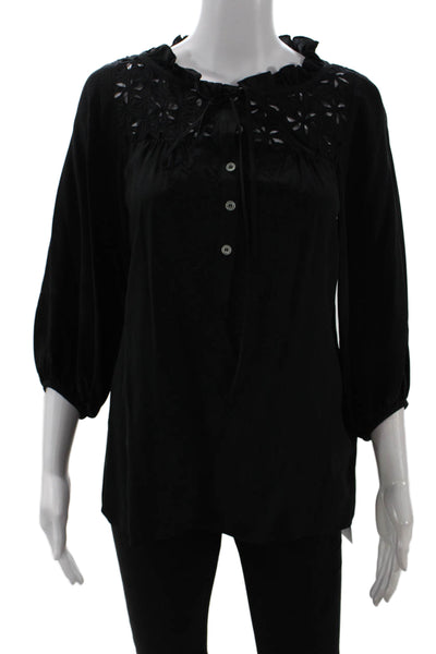 Nanette Lepore Womens Silk Long Sleeve Embroidered Blouse Black Size 0