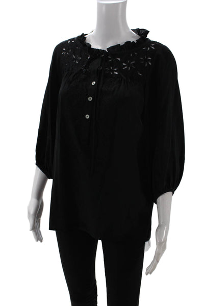 Nanette Lepore Womens Silk Long Sleeve Embroidered Blouse Black Size 0