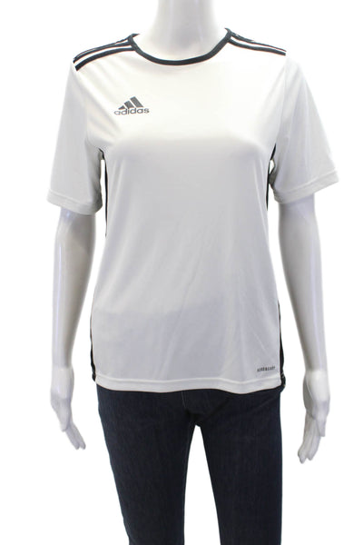 Adidas Boys Striped Shoulder Short Sleeve Athletic Shirt White Black Size L