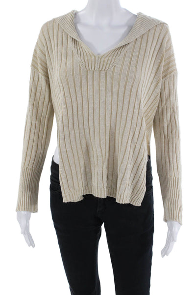 J Crew Womens Long Sleeve Collared V Neck Sweatshirt Brown White Size S/M