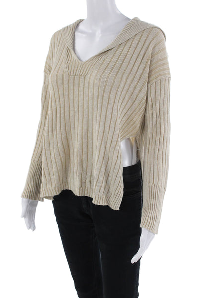 J Crew Womens Long Sleeve Collared V Neck Sweatshirt Brown White Size S/M