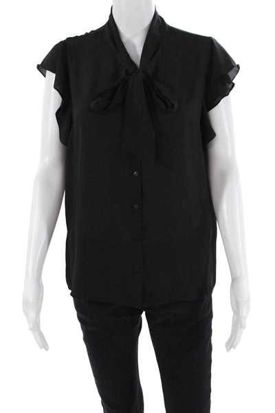 Zara Womens Short Sleeve Button Front Tie Neck Sheer Top Black Size Medium