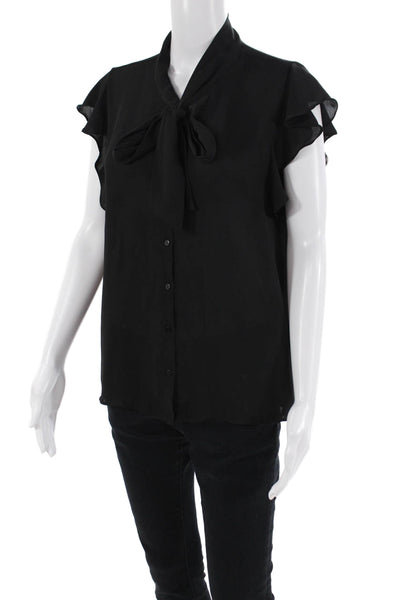 Zara Womens Short Sleeve Button Front Tie Neck Sheer Top Black Size Medium