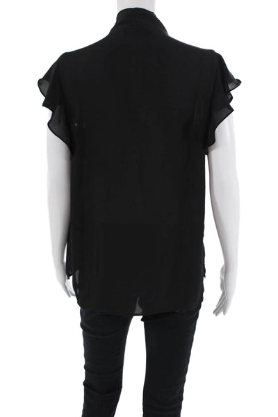 Zara Womens Short Sleeve Button Front Tie Neck Sheer Top Black Size Medium
