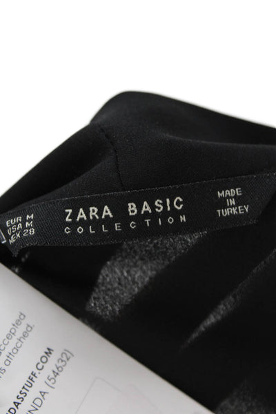 Zara Womens Short Sleeve Button Front Tie Neck Sheer Top Black Size Medium