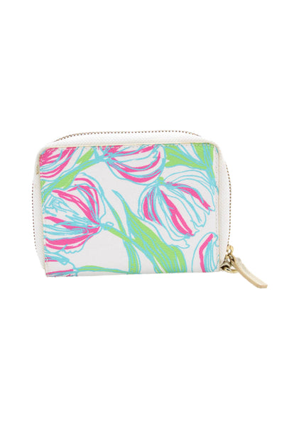 Lilly Pulitzer Womens Zip Around Logo Floral Bi Fold Wallet Wristlet White Multi