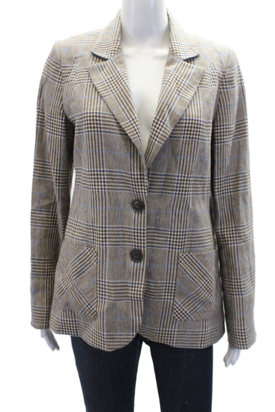 Brora Womens Two Button Notched Lapel Plaid Blazer Jacket Brown Blue Linen 10