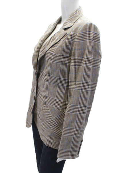 Brora Womens Two Button Notched Lapel Plaid Blazer Jacket Brown Blue Linen 10