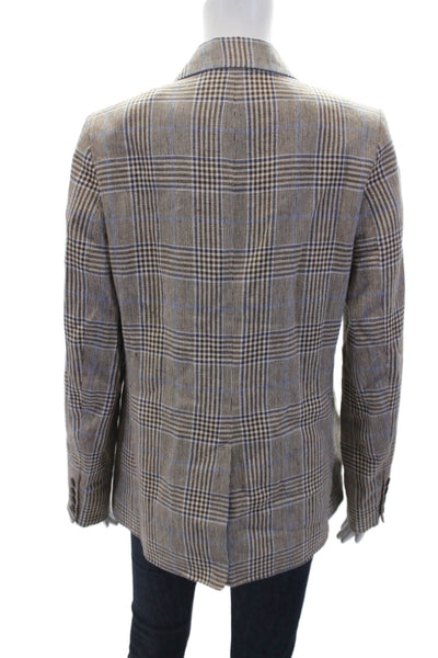 Brora Womens Two Button Notched Lapel Plaid Blazer Jacket Brown Blue Linen 10