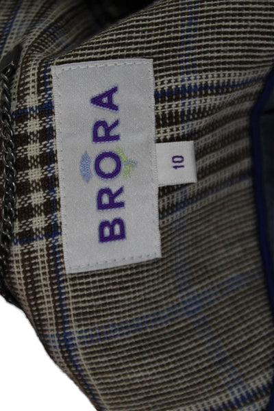 Brora Womens Two Button Notched Lapel Plaid Blazer Jacket Brown Blue Linen 10