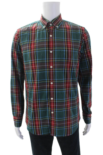 J Crew Mens Plaid Flex Washed Button Down Shirt Green Red Cotton Size Medium