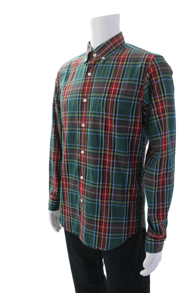 J Crew Mens Plaid Flex Washed Button Down Shirt Green Red Cotton Size Medium