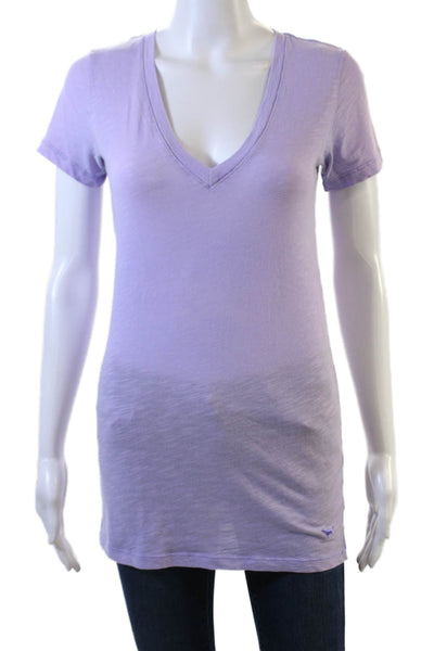 Pink Womens Cotton Short Sleeve V-Neck Basic T-Shirt Light Purple Size S