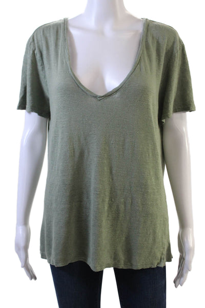 Unsubscribed Womens Linen Round Neck Short Sleeve Casual T-Shirt Green Size M