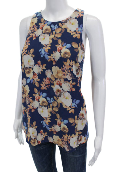 J Crew Silk Floral Print Round Neck Sleeveless Pullover Blouse Blue Size 10