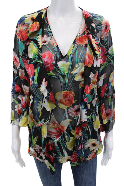 Elie Tahari Womens Floral Print Sheer Ruffle Detail Blouse Multicolor Size M